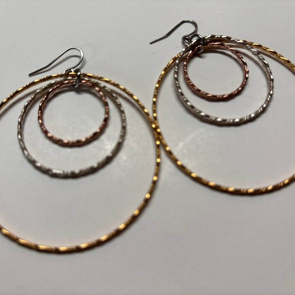 Triple Hoop Pierced Earrings Tri Color Metal